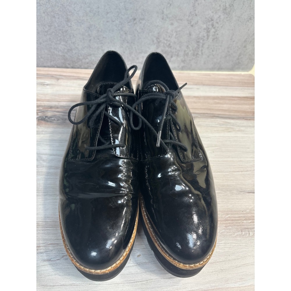 Eileen Fisher Eddy Derby SZ 9 Black Patent Leather Lace Up Oxford Platform Shoes - Picture 3 of 12